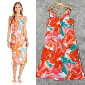 Natori Women’s Satin Orange Flower Mist Camisole Night-Gown Midi Slip Dress L